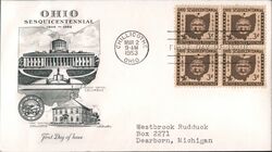 1953 3c Ohio Sesquicentennial Block of Four Stamps First Day Cover First Day Cover