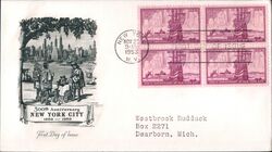 1953 3c New York City 300th Anniversary Block of Stamps First Day Cover First Day Cover