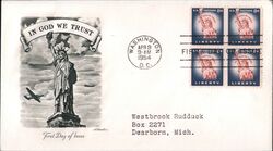 1954 8c Liberty Block of 4 Stamps First Day Cover First Day Cover