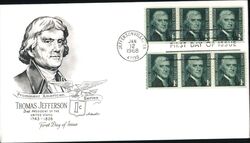 1968 1c Thomas Jefferson Block of Four First Day Cover First Day Cover