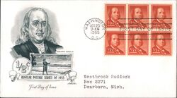 1955 1/2c Benjamin Franklin Block of Stamps First Day Cover First Day Cover