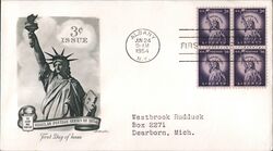 1954 3c Statue of Liberty Block of Four Stamps First Day Cover First Day Cover