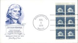 1974 10c Jefferson Memorial Block of Stamps First Day Cover First Day Cover