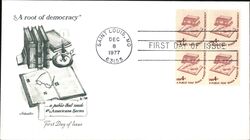 1977 4c A Root of Democracy Block of Four Stamps FDC First Day Cover