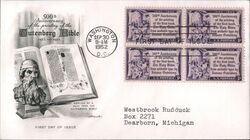 1952 3c Gutenberg Bible Block of 4 Stamps First Day Cover First Day Cover