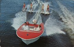 Four Water Skiers Behind Red & White Speedboat Postcard