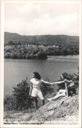 Two Women by Cove Lake, Inn in Background, Near Jacksboro Tennessee Postcard Postcard Postcard