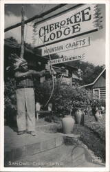 Cherokee Lodge, Sam Owl with Bow and Arrow, Mountain Crafts, Fried Chicken North Carolina Native Americana Postcard Postcard Postcard