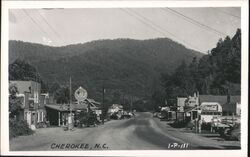 Vintage Cherokee NC Main Street View Gulf & Shell Gas Stations Postcard