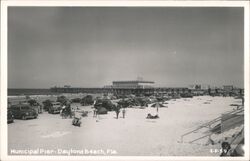 Daytona Beach Municipal Pier, cars parked on beach Postcard