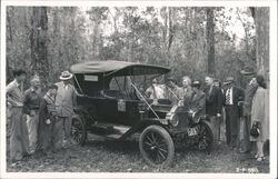 People looking at a Model T Ford, Senator Fletcher Tree Postcard