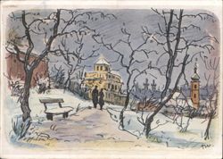 Snowy Winter Scene with Figures and Church Postcard