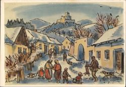 Winter Village Scene with Castle, Hunter, and Family Postcard