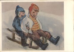 Two Children Sledding in the Snow Postcard