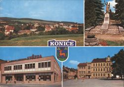 Konice, Czechoslovakia - Town Overview, Liberation Memorial, and Square Postcard