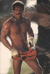 Beefcake Shirtless Man with Chainsaw Postcard