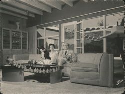 Couple with Dogs in Living Room at Christmas Postcard