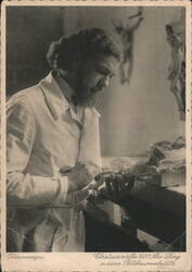 Alois Lang, Christ Darsteller 1930, in his Woodcarving Workshop Postcard