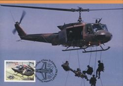 Australian Army Iroquois Helicopter with Rappelling Soldiers Postcard