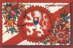 Czechoslovak Lion with Crown, Flowers, and Motto Postcard