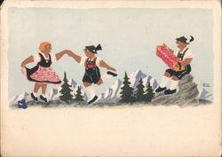 Couple in Traditional Bavarian Dress Dancing Postcard