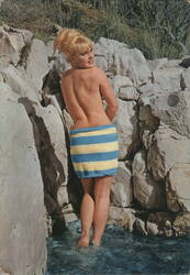 Elke Sommer in Blue and Yellow Striped Towel Postcard