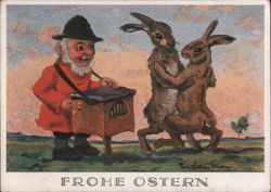 Organ Grinder with Dancing Rabbits, Frohe Ostern (Happy Easter) Postcard