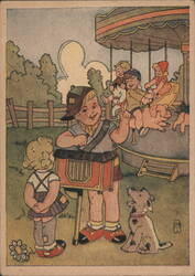 Children on a Carousel, Boy with Hurdy-Gurdy Postcard