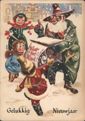 Happy New Year, Organ Grinder with Children in Snow Postcard