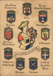 La Côte d'Azur with Woman Holding Flowers & Regional Coats of Arms Postcard