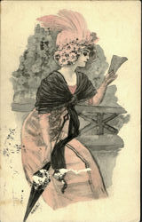 Woman with Pink Dress, Hat Postcard