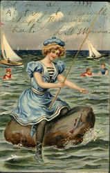 Woman Fishing Postcard