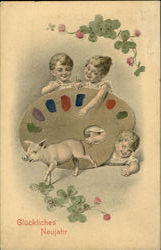 Christmas Children Pig  Postcard