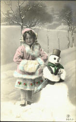 Girl with Snowman - Tinted Children Postcard Postcard