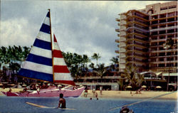 Colorful Catamaran At Hawaiian Village Hotel Postcard