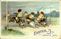 Dressed Easter Chicks Racing Bunnies Postcard