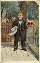 German Boy Waiter with Beers Boys Postcard Postcard