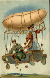 Couple Delivering Hearts and Money in an Airship Postcard