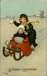 A Merry Christmas Sledding Postcard