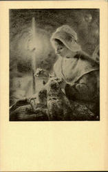 Woman Sewing By Lamplight Postcard