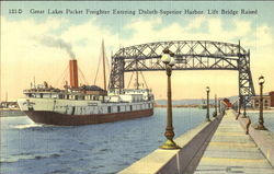 Great Lakes Packet Freighter Entering Duluth-Superior Harbor. Lift Bridge Raised Minnesota Postcard Postcard