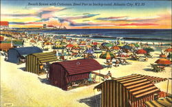 Beach Scene With Cabanas, Steel Pier In Background Atlantic City, NJ Postcard Postcard