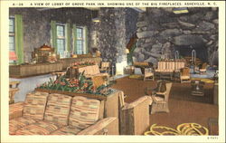 A View Of Lobby Of Grove Park Inn, Showing One Of The Big Fireplaces Postcard