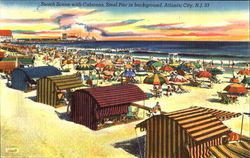 Beach Scene With Cabanas, Steel Pier In Background Postcard