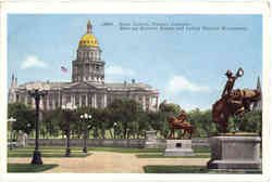 State Capitol, Showing Broncho Buster and Indian Warrior Monuments Denver, CO Postcard Postcard