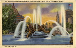 Fountain On Parkway Showing Cathedral Of St. Peter And St. Paul And City Hall Philadelphia, PA Postcard Postcard