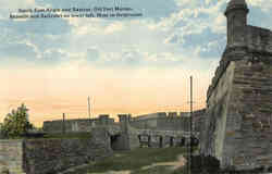 South East Angle and Bastion, Old Fort Marion, Redoubt and Sallyport on lower left, Moat in foreground. Postcard