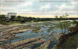 Textile School in Distance, Bed of Merrimack River Postcard