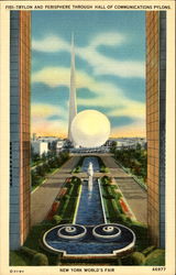 Trylon And Perisphere Through Hall Of Communications Pylons 1939 NY World's Fair Postcard Postcard