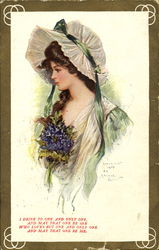 Beautiful lady, flowers at breast, w/verse Postcard